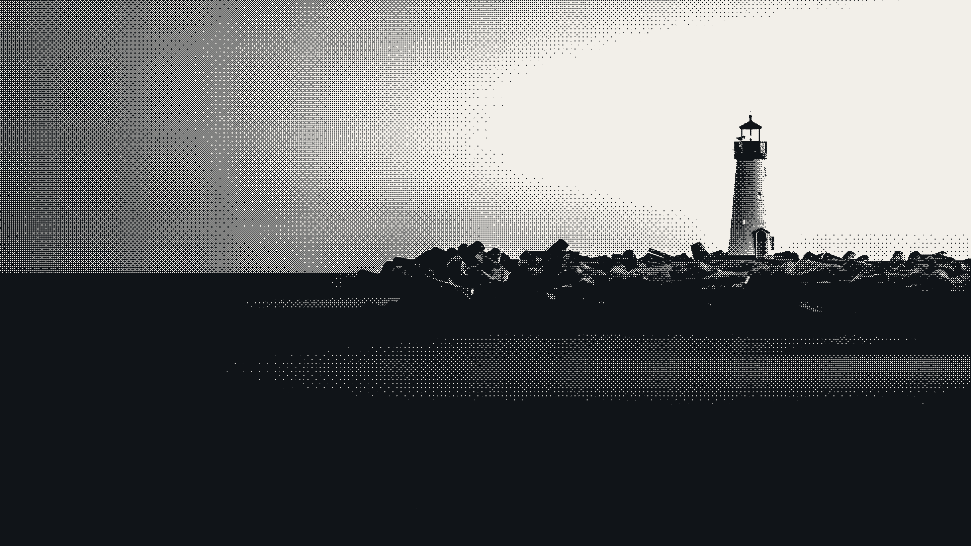 Coastal lighthouse on a breakwater at dusk — monochrome dithering (C.1 Mono)